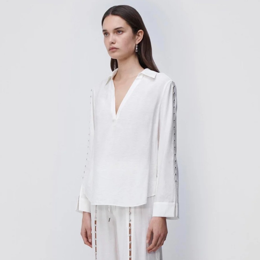 Jonathan Simkhai Stormy Beaded Ivory V-Neck Collar Long Sleeve Coverup Top NWT M - Picture 3 of 12